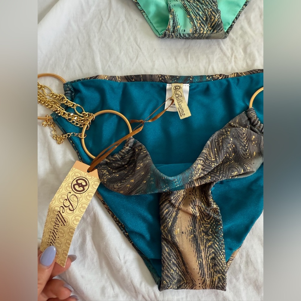 Bellissima Luxury Bikini Bottoms Teal & Bronze Feather Print Side Tie Size L NEW - Picture 12 of 16
